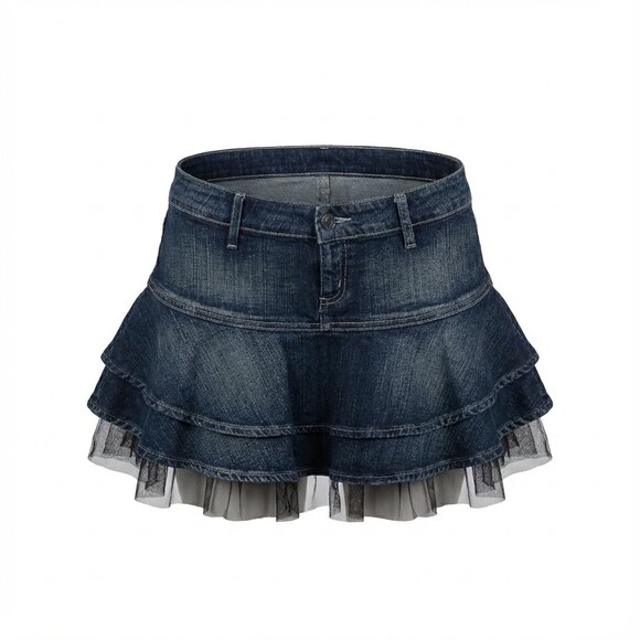 GUESS- Y2K VINTAGE- Denim Layered Mini Skirt with Ruffle Trim- SIZE 24👖💙✨ - Picture 2 of 8